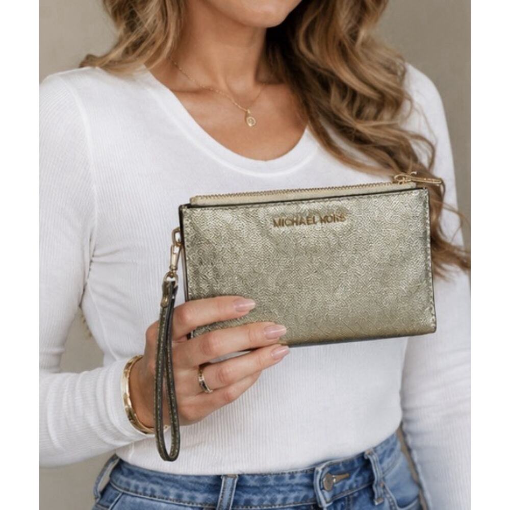 Michael Kors Metallic Gold Double Zip Wristlet Wallet Clutch Phone Case